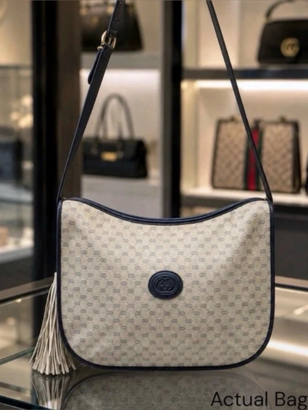 Authentic GG Monogram Crescent Shoulder Bag in Beige and Navy/Gold HW
